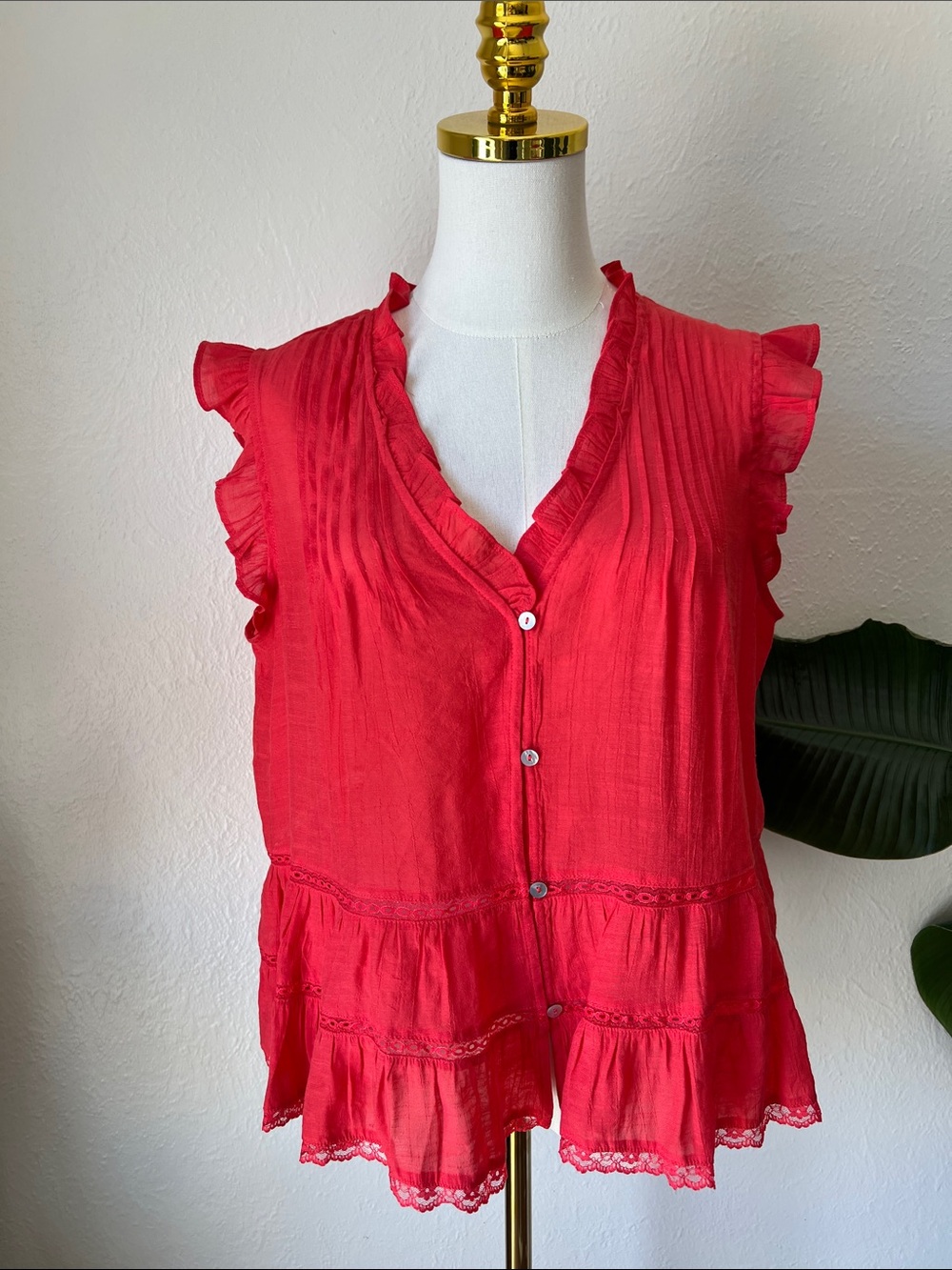 Red Colored Blouse with Lace Detail, Flowy, Ruffles, Cottagecore, Boho Romantic